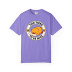 Too Tired Duck Tee in Violet — front flat lay with graphic print