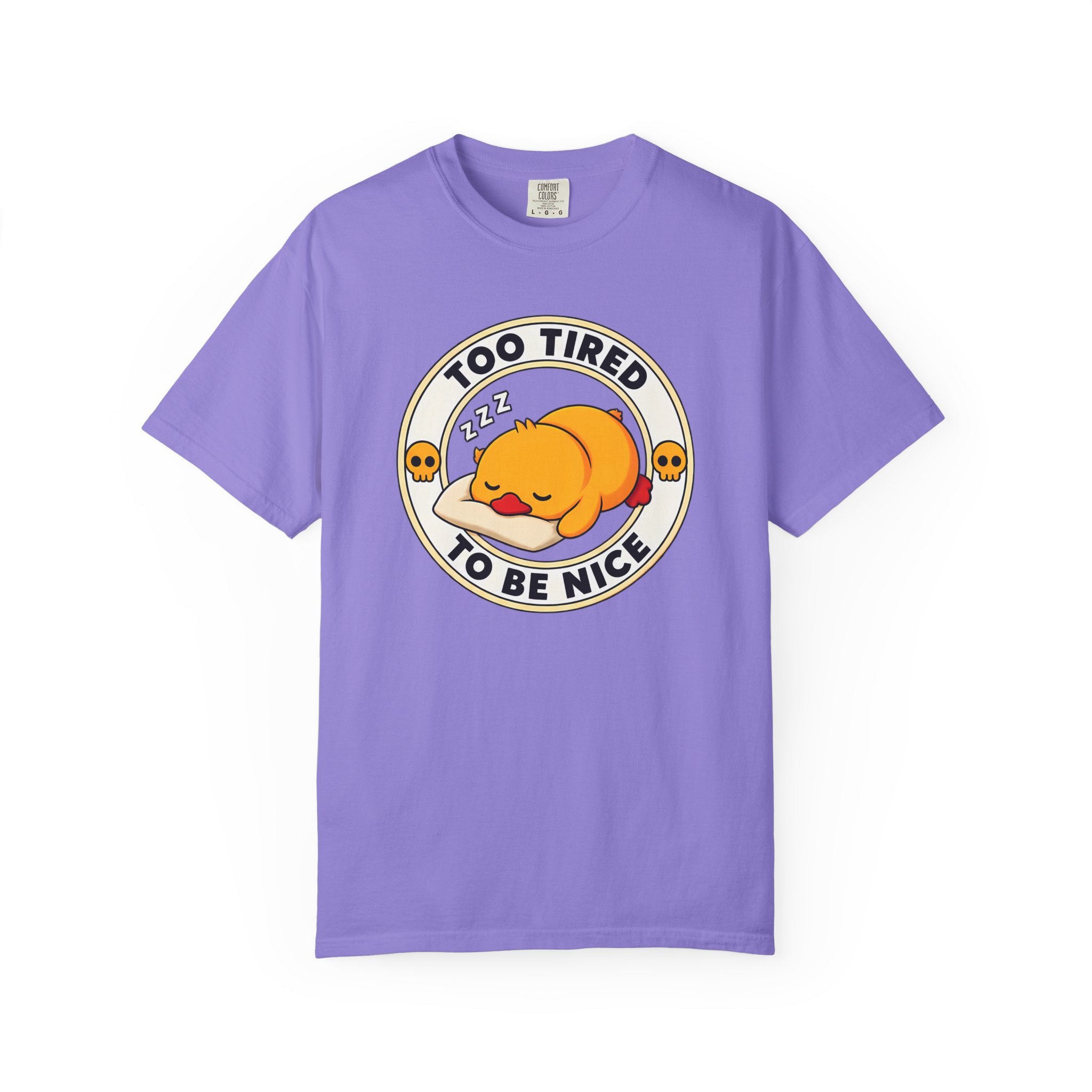 Too Tired Duck Tee in Violet — front flat lay with graphic print