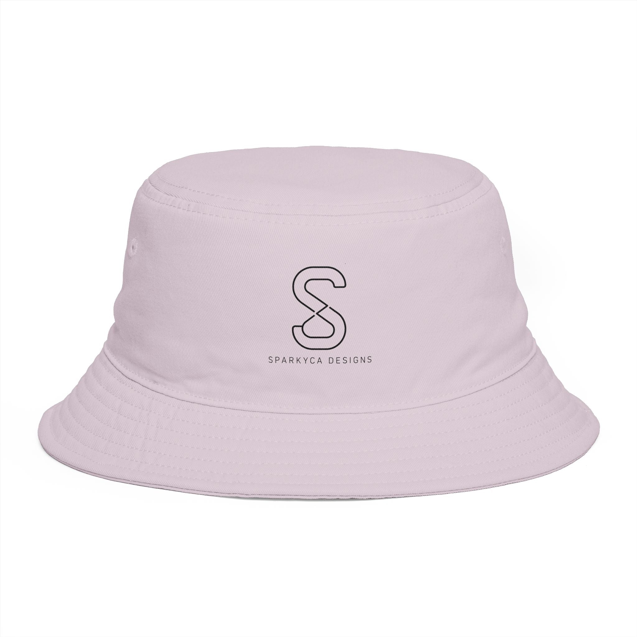 SparkyCA Bucket Hat in Orchid — front view flat lay with embroidered S logo
