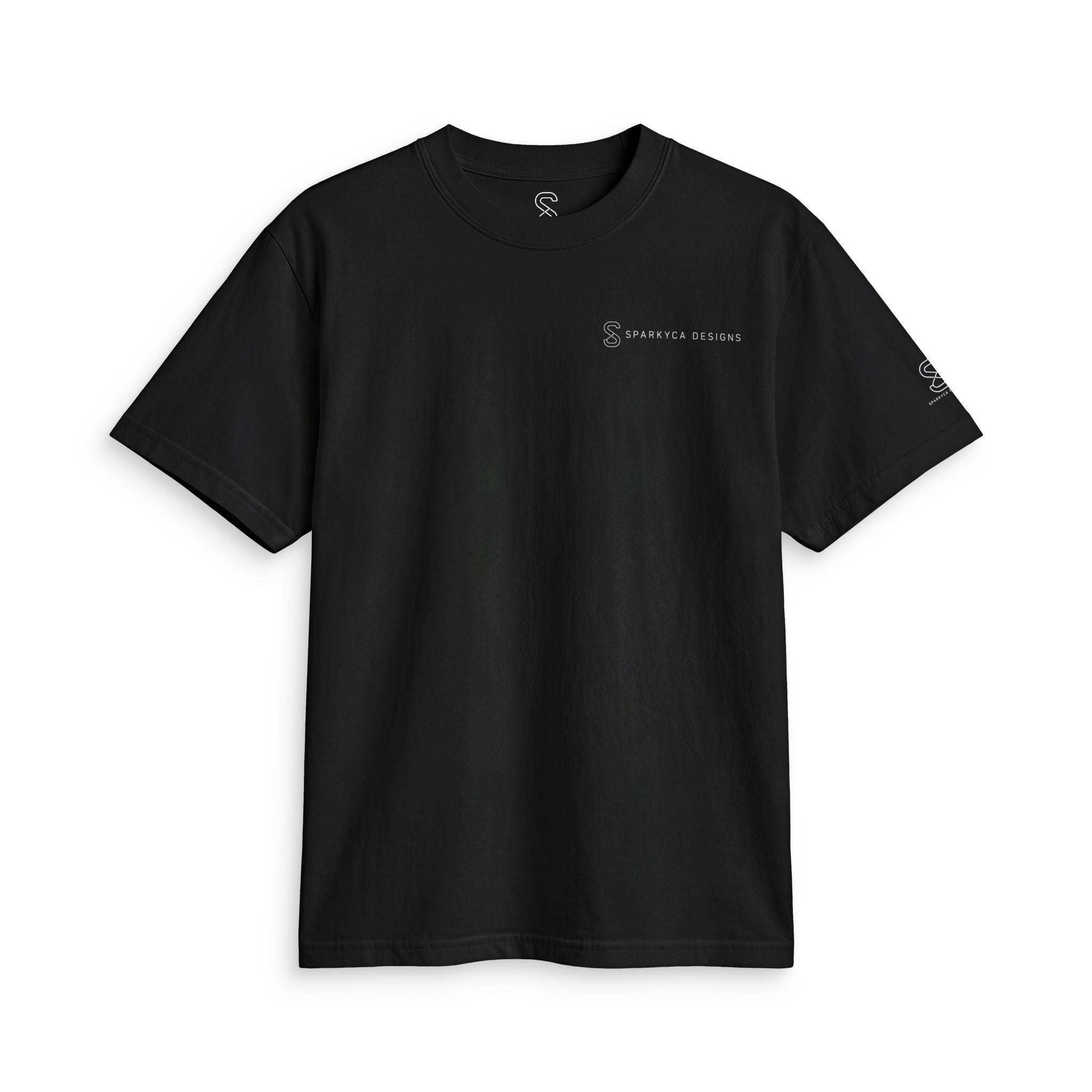 Black SparkyCA Designs active tee, flat lay front view with chest logo