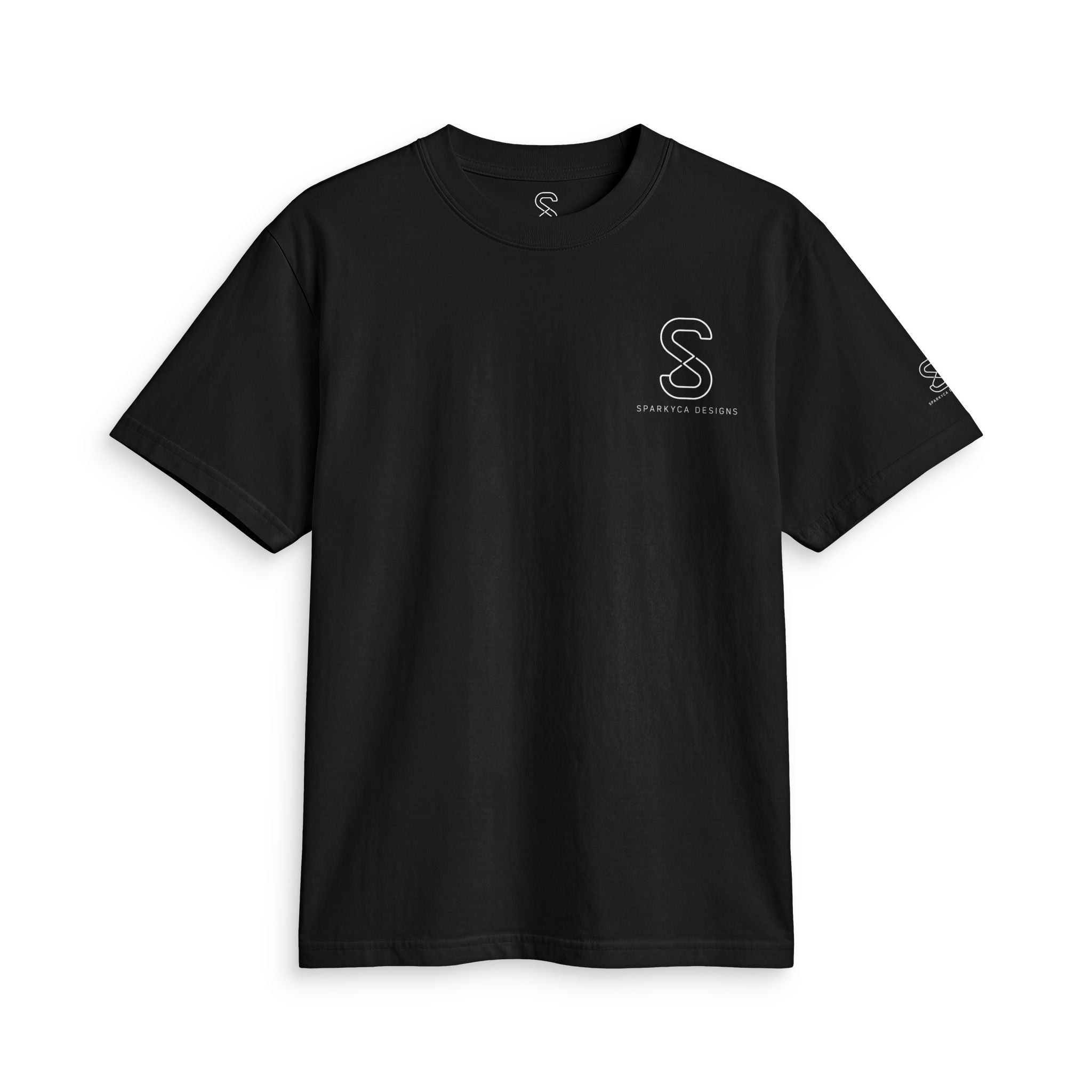 SparkyCA Designs Classic Crewneck Tee in Black — front flat lay with chest logo
