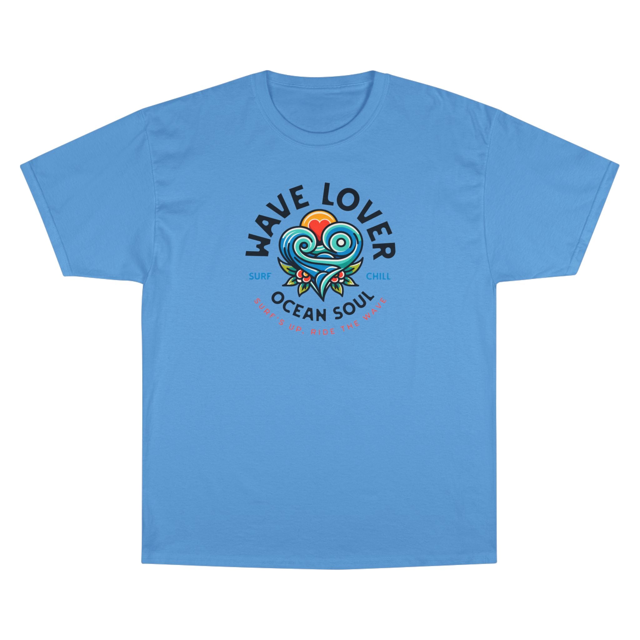 Wave Lover Ocean Soul Tee in Light Blue — front flat lay with graphic print