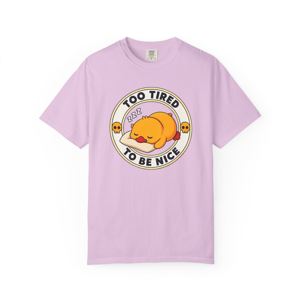 Too Tired Duck Tee in Orchid — front flat lay with graphic print