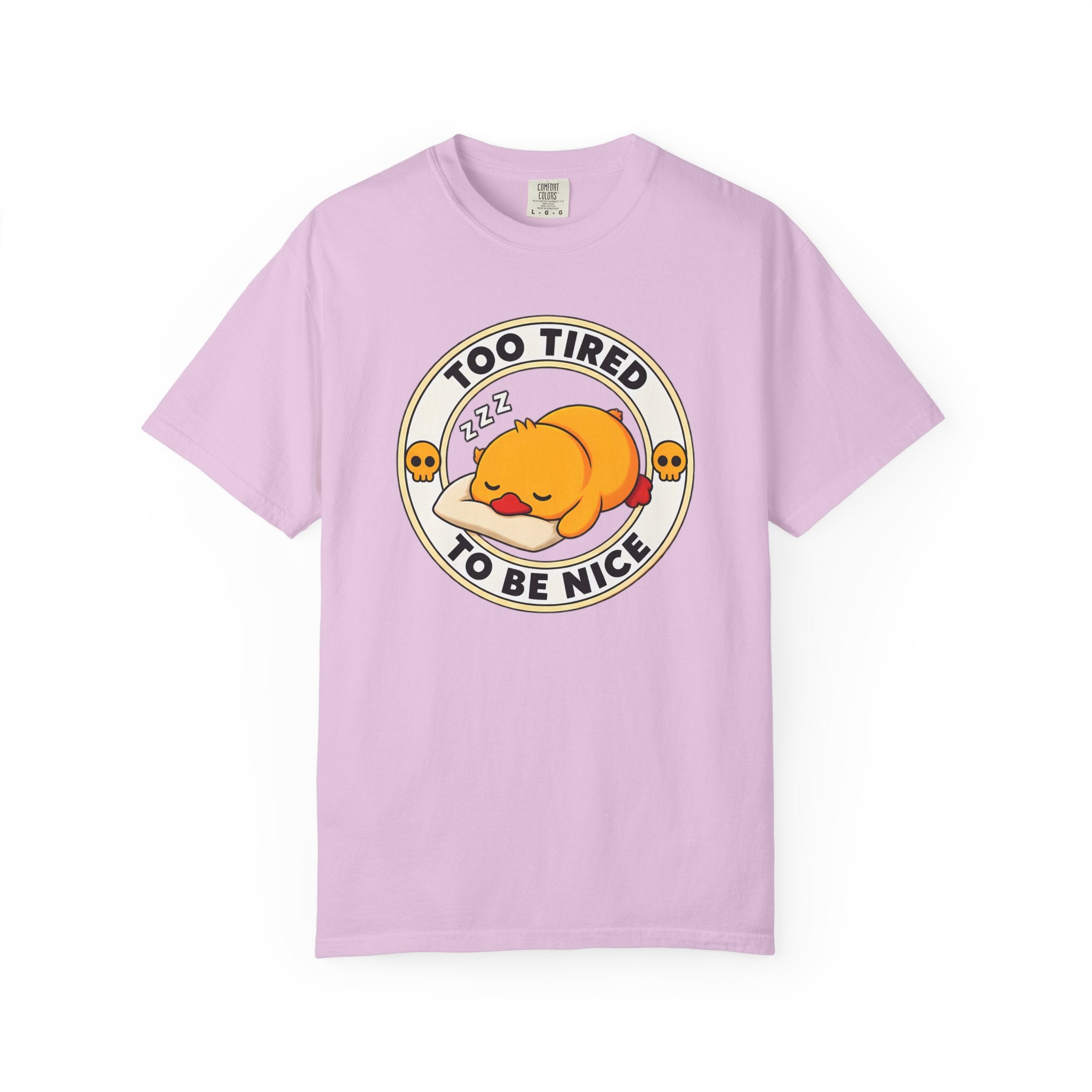 Too Tired Duck Tee in Orchid — front flat lay with graphic print