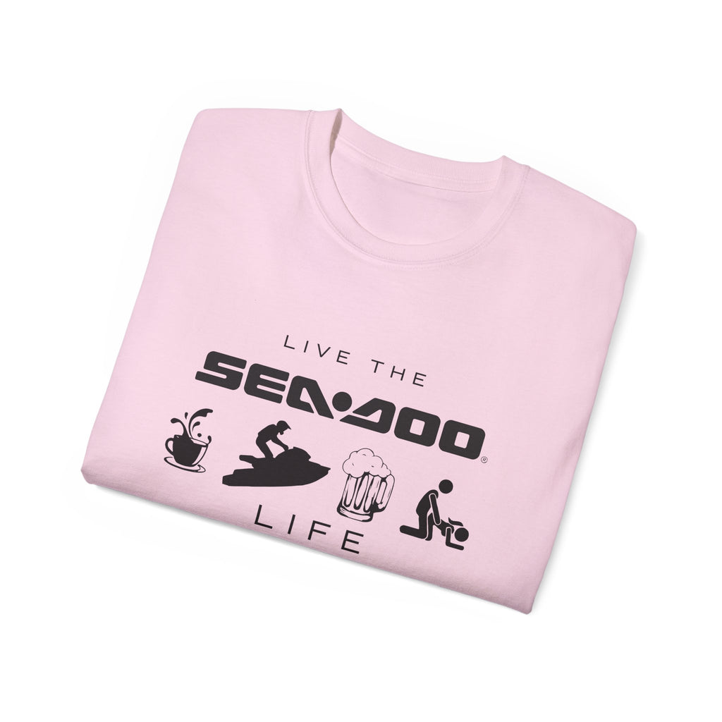 Live the Sea-Doo Life Tee in Light Pink — folded, full Sea-Doo graphic print visible