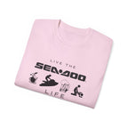 Live the Sea-Doo Life Tee in Light Pink — folded, full Sea-Doo graphic print visible