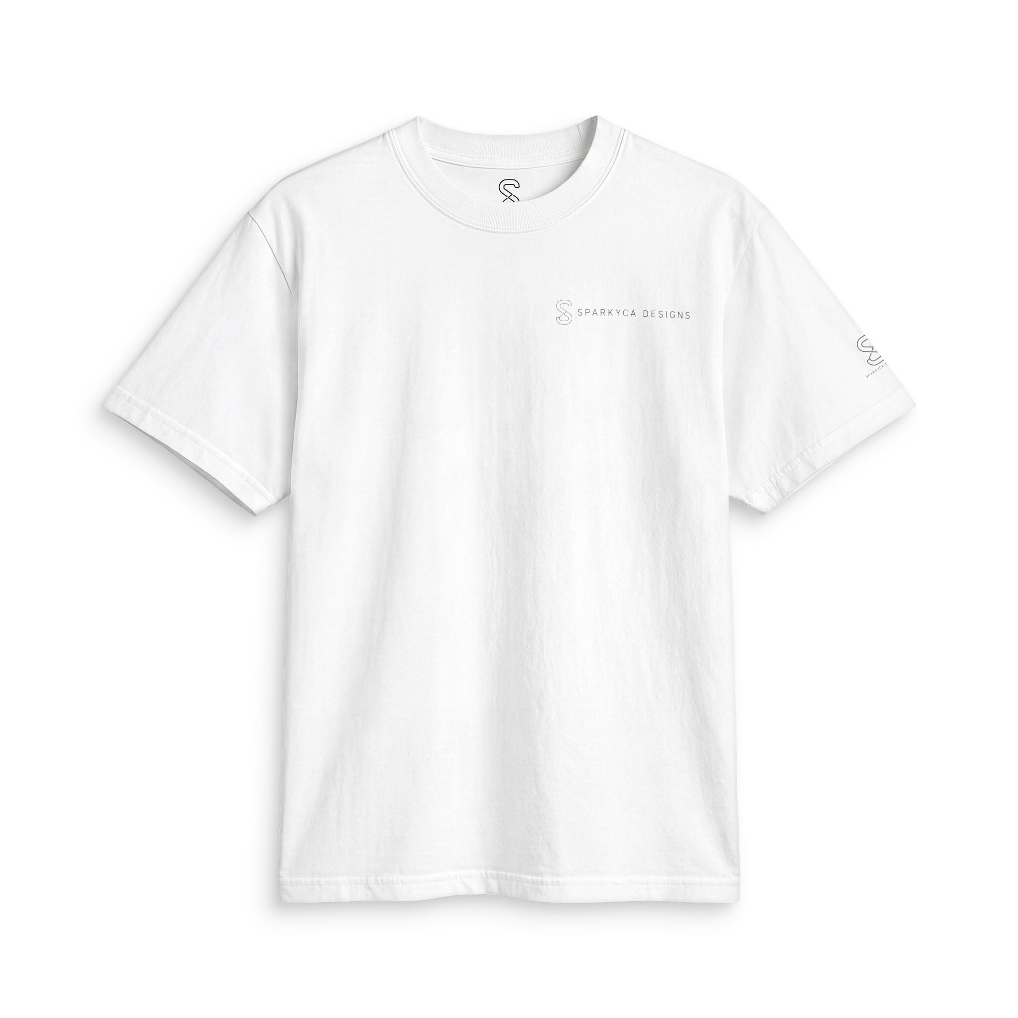 White SparkyCA Designs active tee, flat lay front view with chest logo