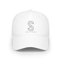 Low-Profile Baseball Cap in White — front view flat lay with embroidered S logo