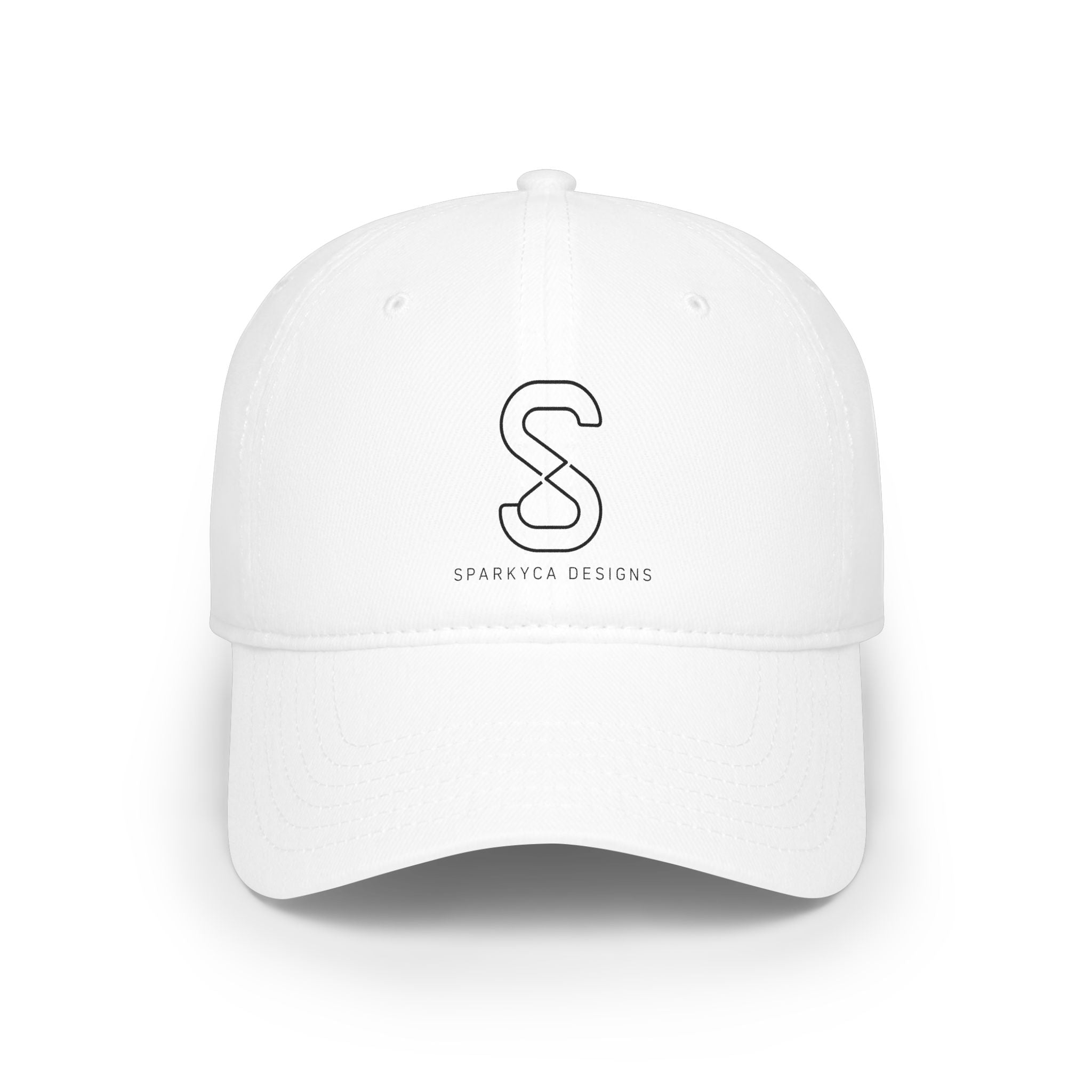 Low-Profile Baseball Cap in White — front view flat lay with embroidered S logo