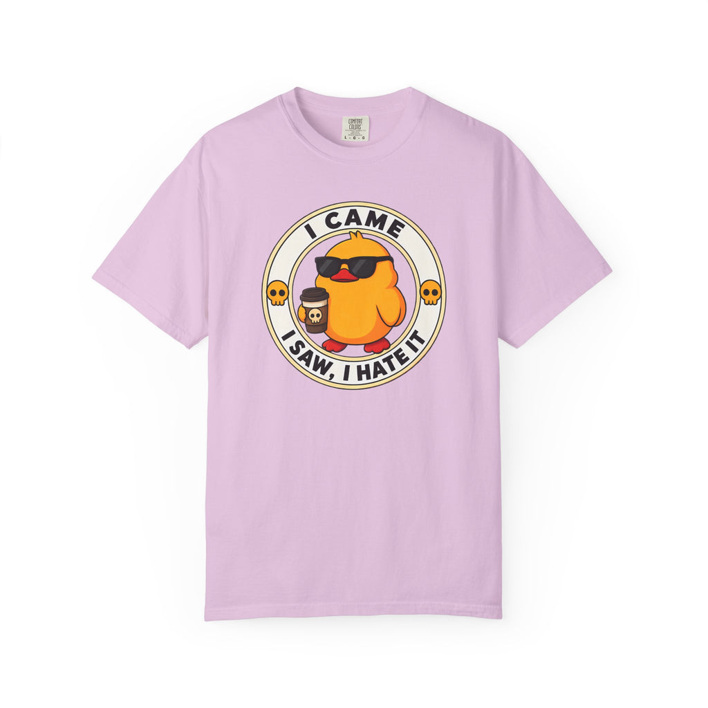 I Came, I Saw, I Hate It Duck Tee in Orchid — front flat lay with graphic print