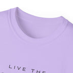 Live the Sea-Doo Life Tee in Orchid — close-up of collar and top of graphic print