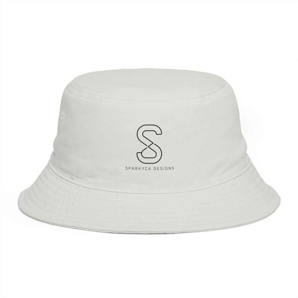 SparkyCA Bucket Hat in Ecru — front view flat lay with embroidered S logo