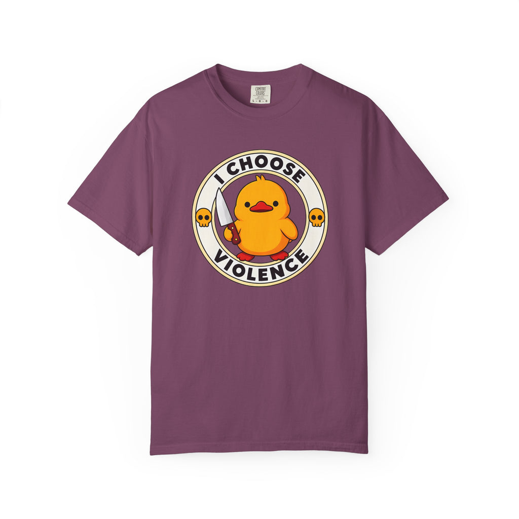 I Choose Violence Duck Tee in Berry — front flat lay with graphic print