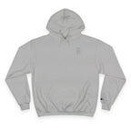 SparkyCA Champion hoodie in light steel grey, flat lay front view