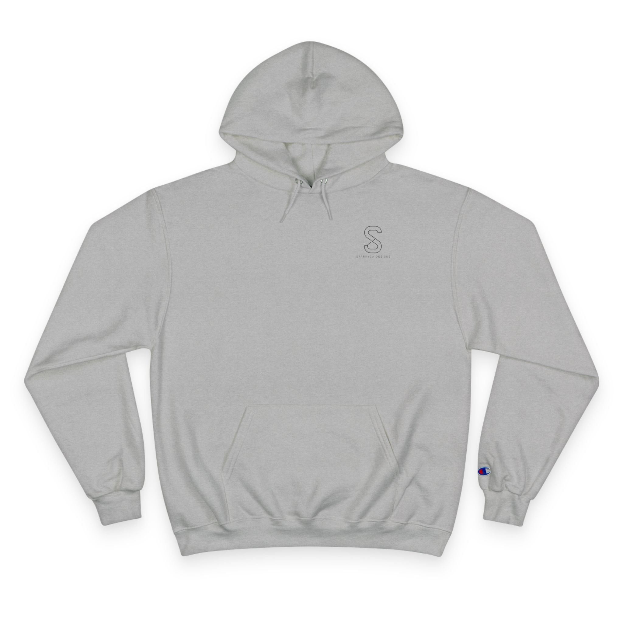 SparkyCA Champion hoodie in light steel grey, flat lay front view