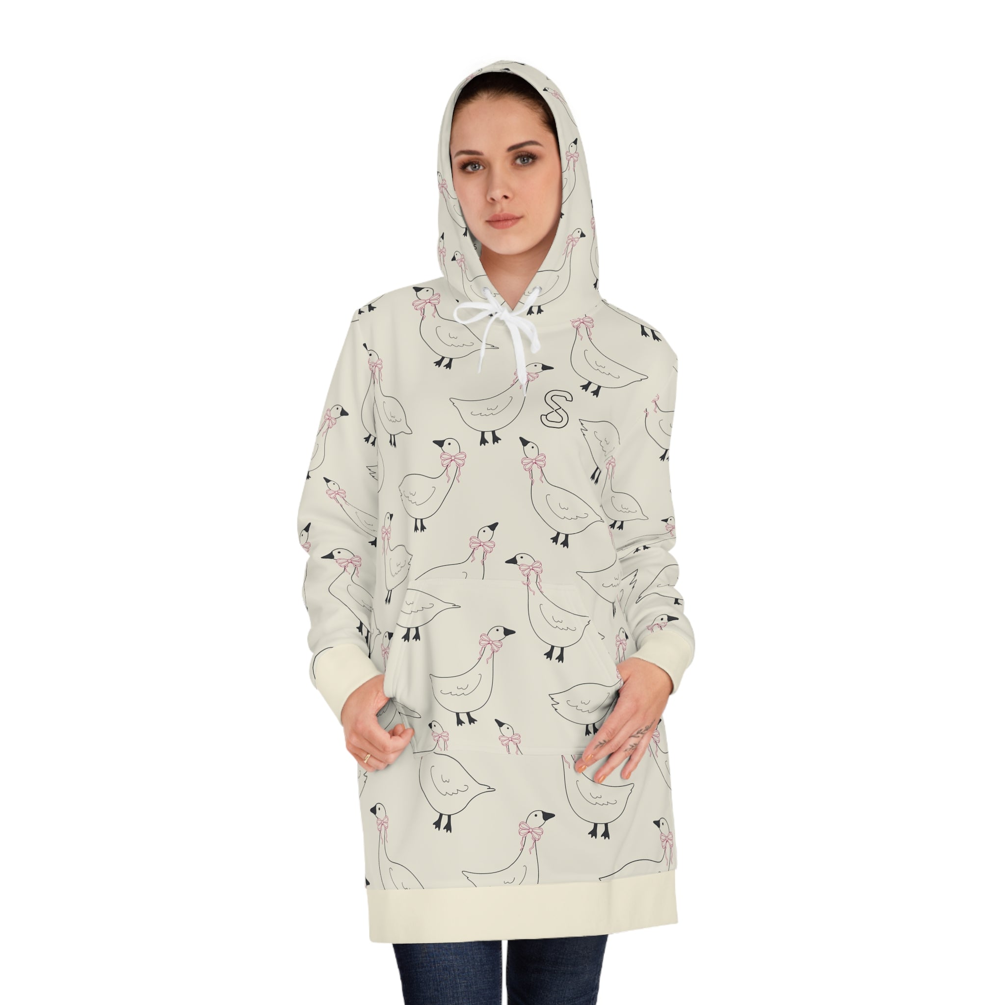 Goose Print Hoodie Dress — Cute Allover Bird Pattern Cozy Pullover