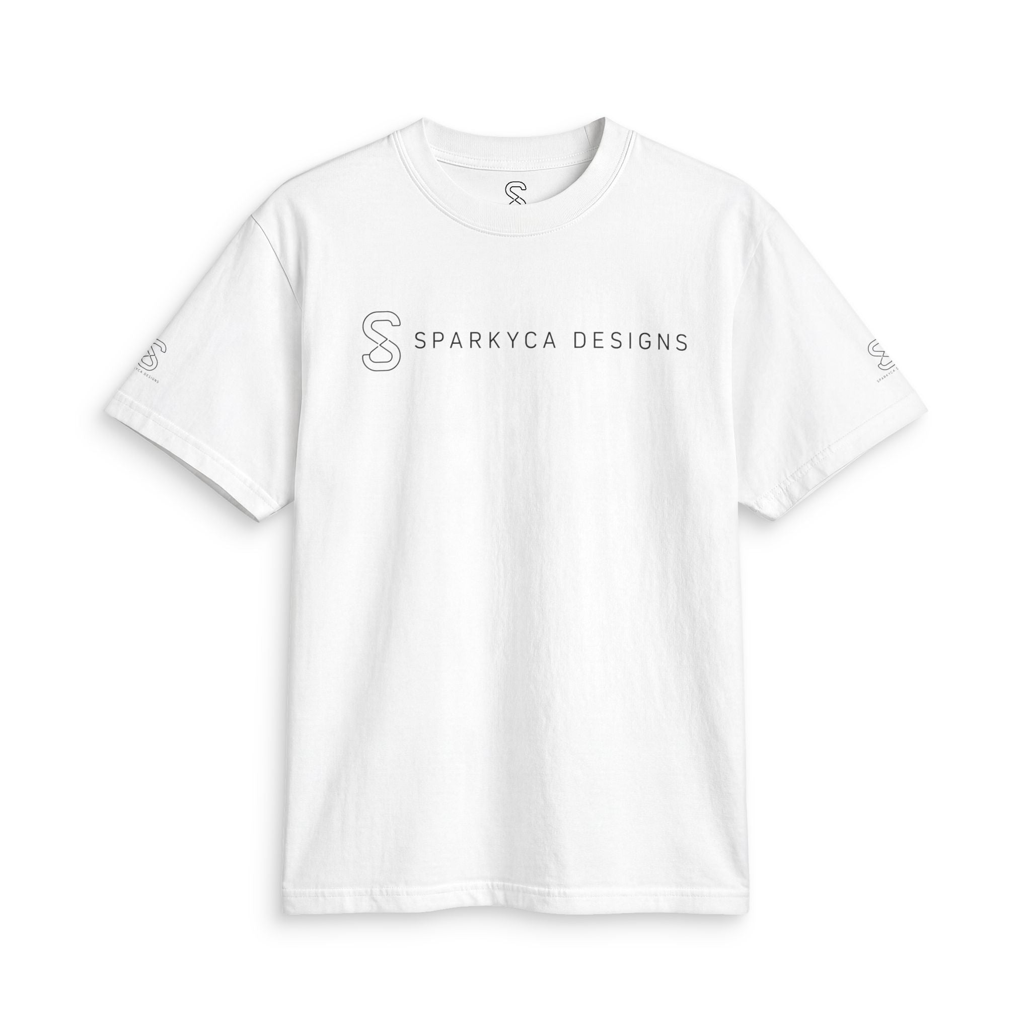 White SparkyCA t-shirt, flat lay front view