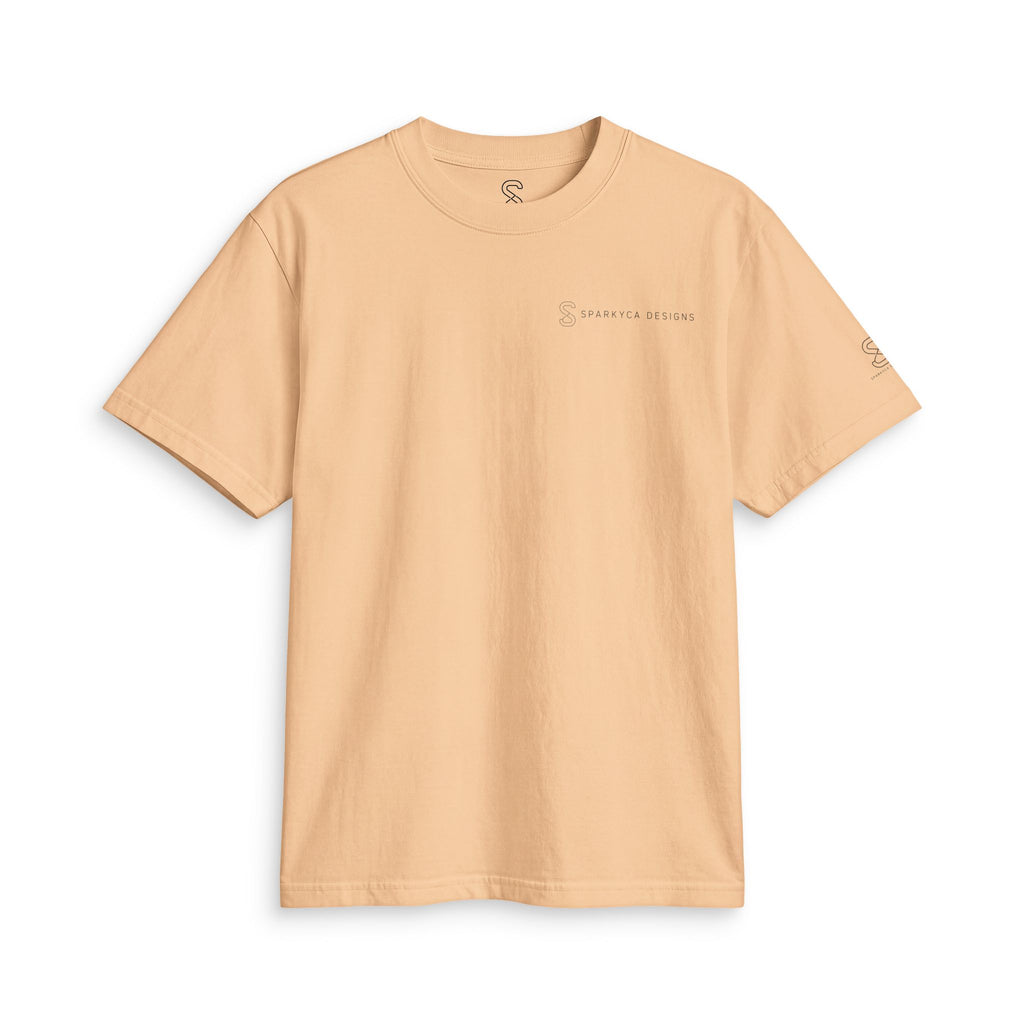 Khaki tan SparkyCA Designs active tee, flat lay front view