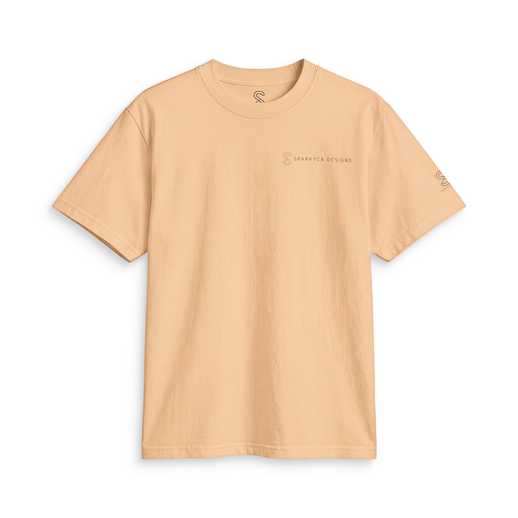 Khaki tan SparkyCA Designs active tee, flat lay front view
