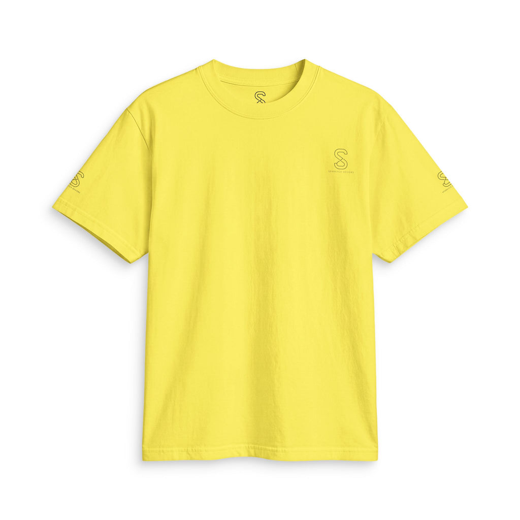 SparkyCA Logo Tee in Yellow — front flat lay with chest logo and matching sleeve print
