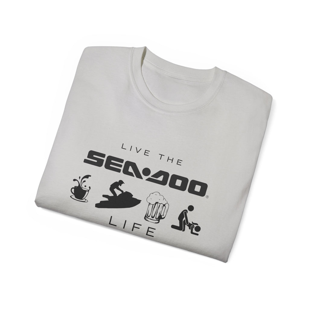 Live the Sea-Doo Life Tee in Ice Grey — folded, full Sea-Doo graphic print visible