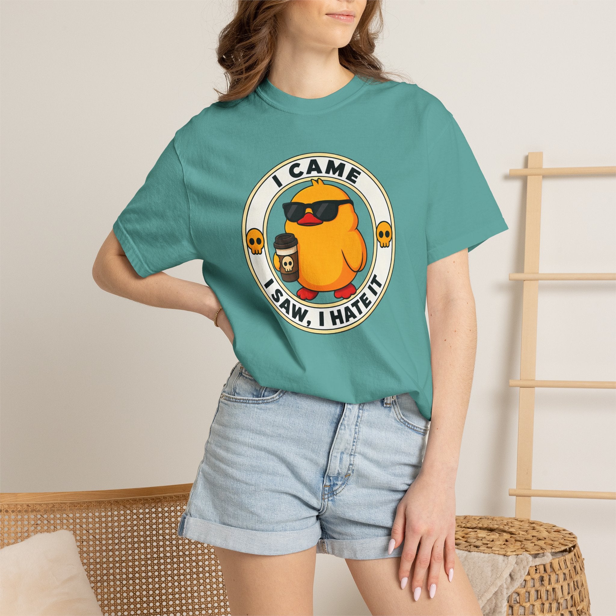 Woman wearing the I Came, I Saw, I Hate It Duck Tee in Seafoam, standing lifestyle photo