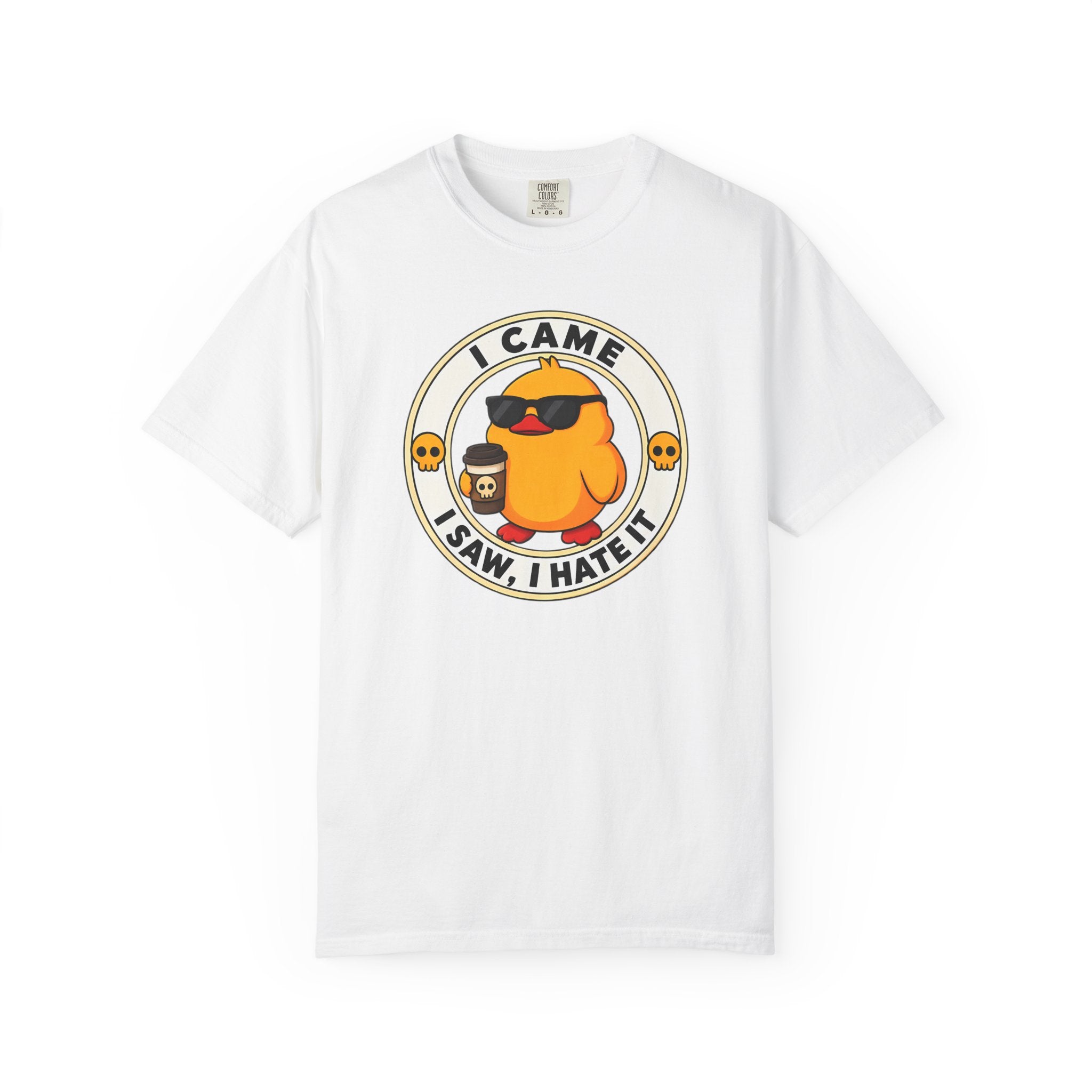 I Came, I Saw, I Hate It Duck Tee in White — front flat lay with graphic print