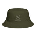 SparkyCA Bucket Hat in Army green — front view flat lay with embroidered S logo