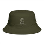 SparkyCA Bucket Hat in Army green — front view flat lay with embroidered S logo