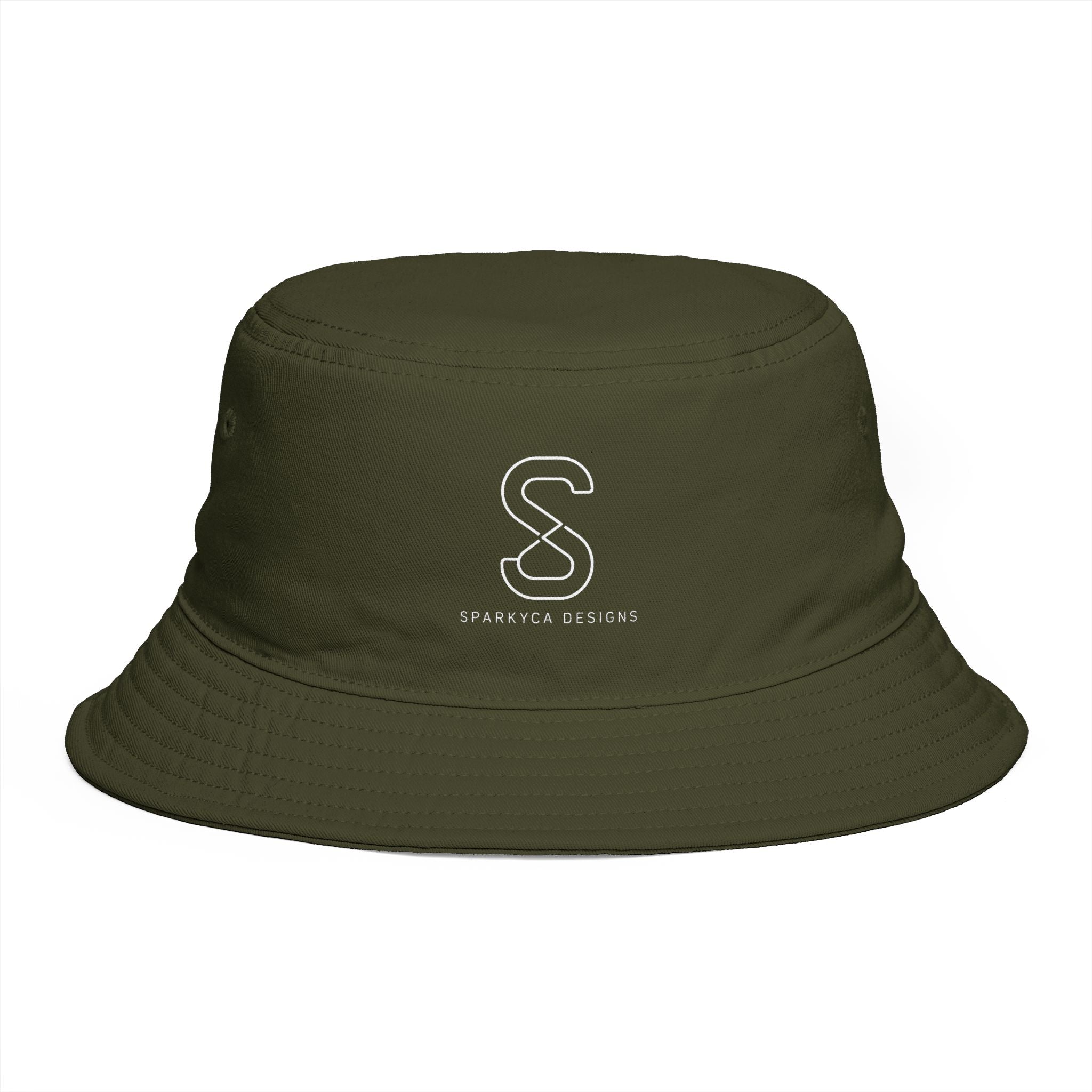 SparkyCA Bucket Hat in Army green — front view flat lay with embroidered S logo