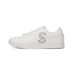 White leather sneaker, side profile showing the S logo and perforated toe detail
