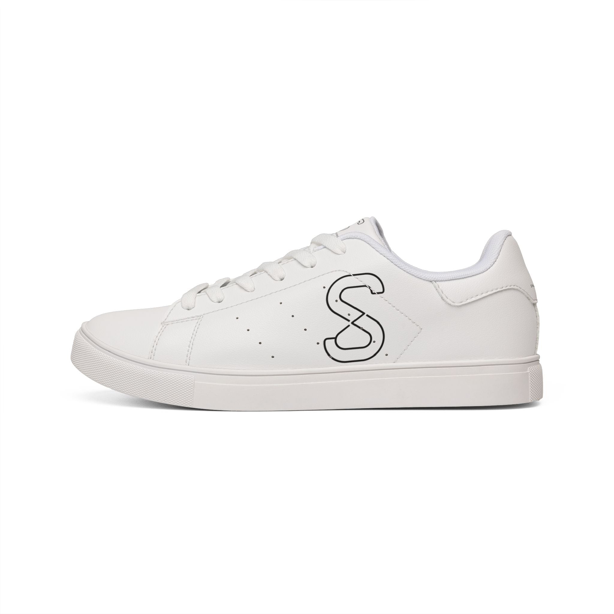 White leather sneaker, side profile showing the S logo and perforated toe detail