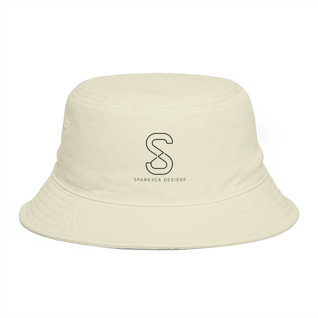 SparkyCA Bucket Hat in Ecru — angled front view with embroidered S logo