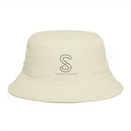 SparkyCA Bucket Hat in Ecru — angled front view with embroidered S logo