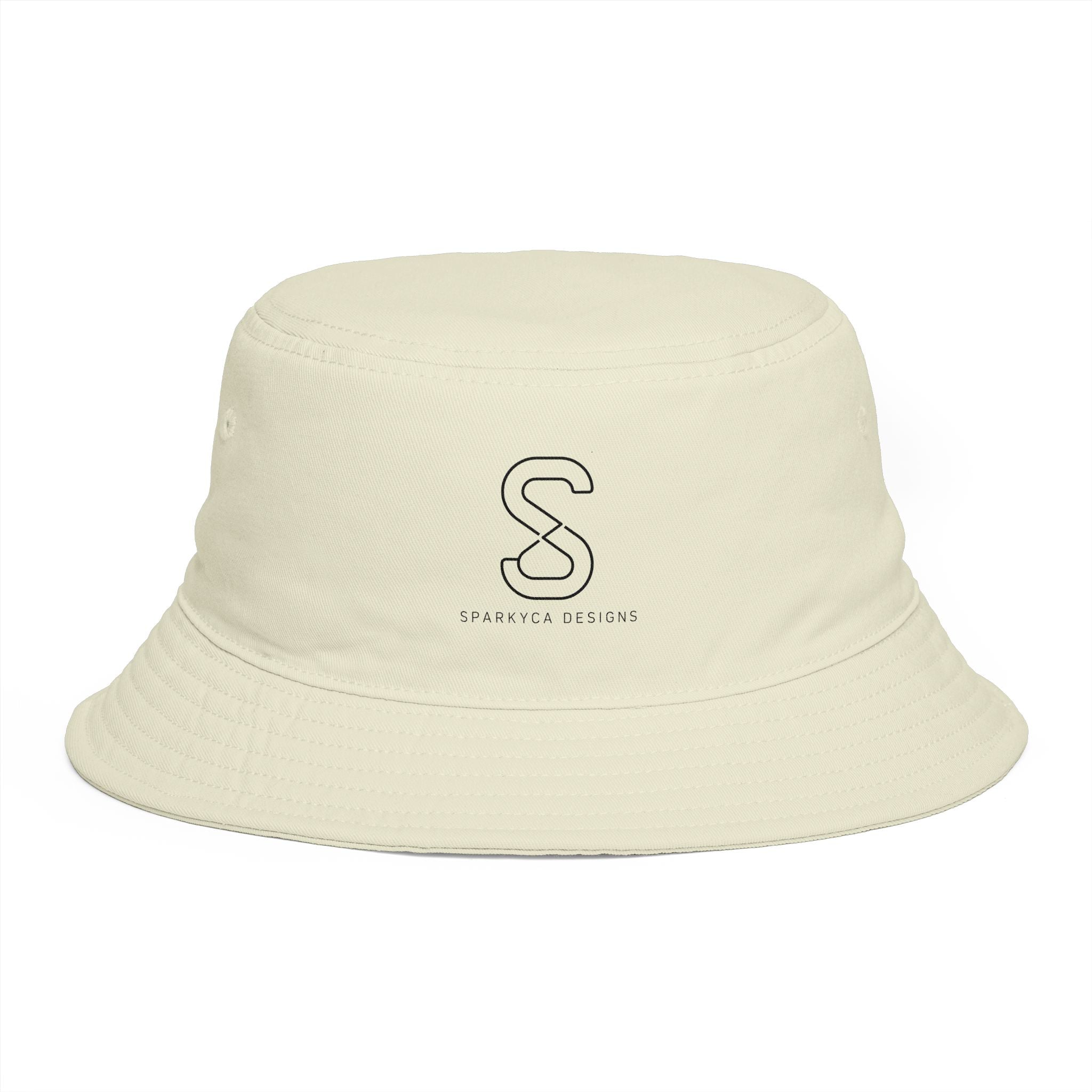 SparkyCA Bucket Hat in Ecru — angled front view with embroidered S logo