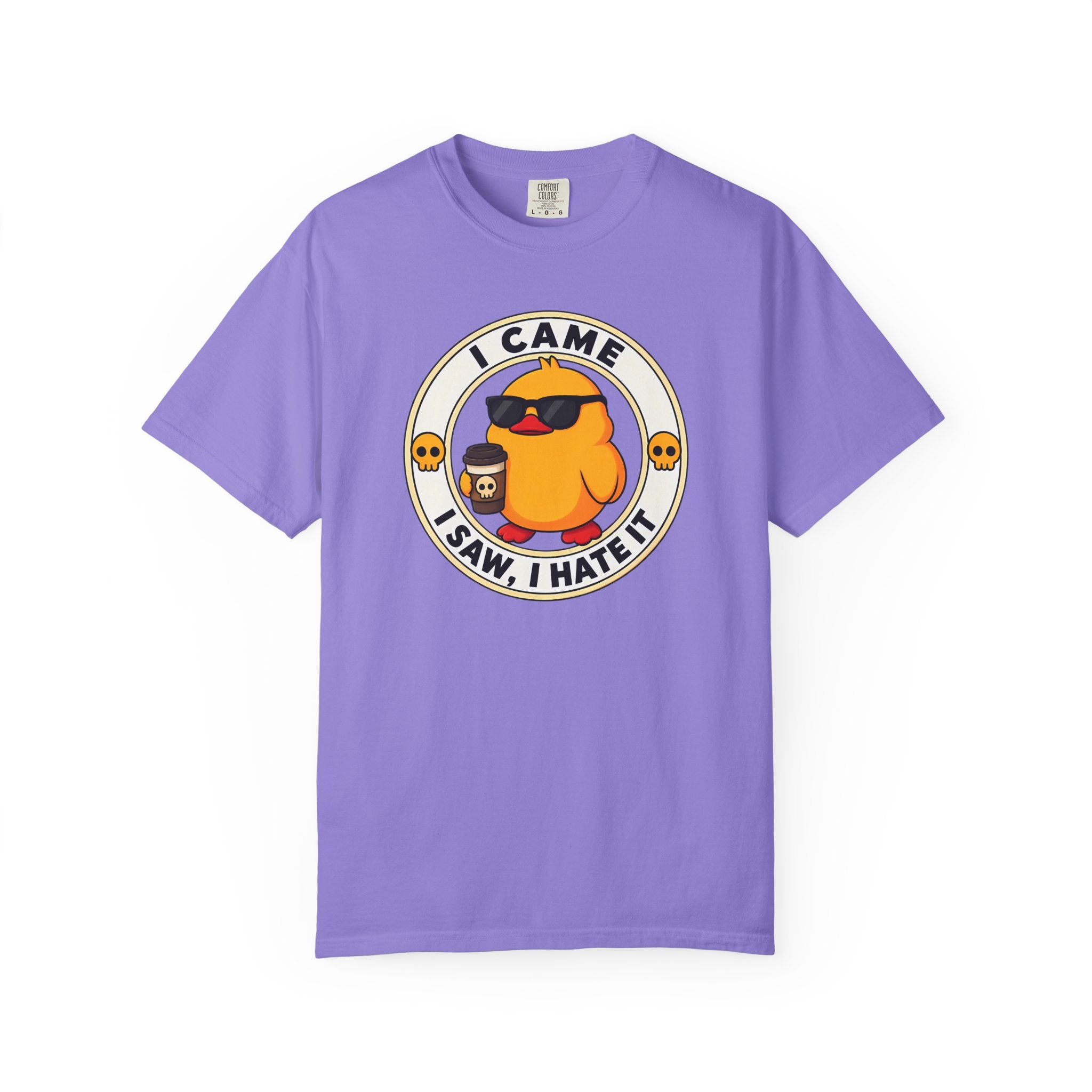 I Came, I Saw, I Hate It Duck Tee in Violet — front flat lay with graphic print