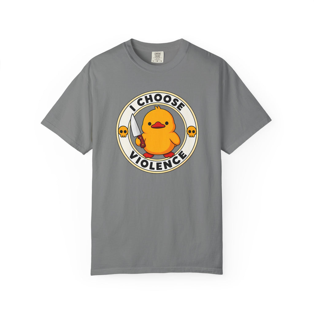 I Choose Violence Duck Tee in Grey — front flat lay with graphic print