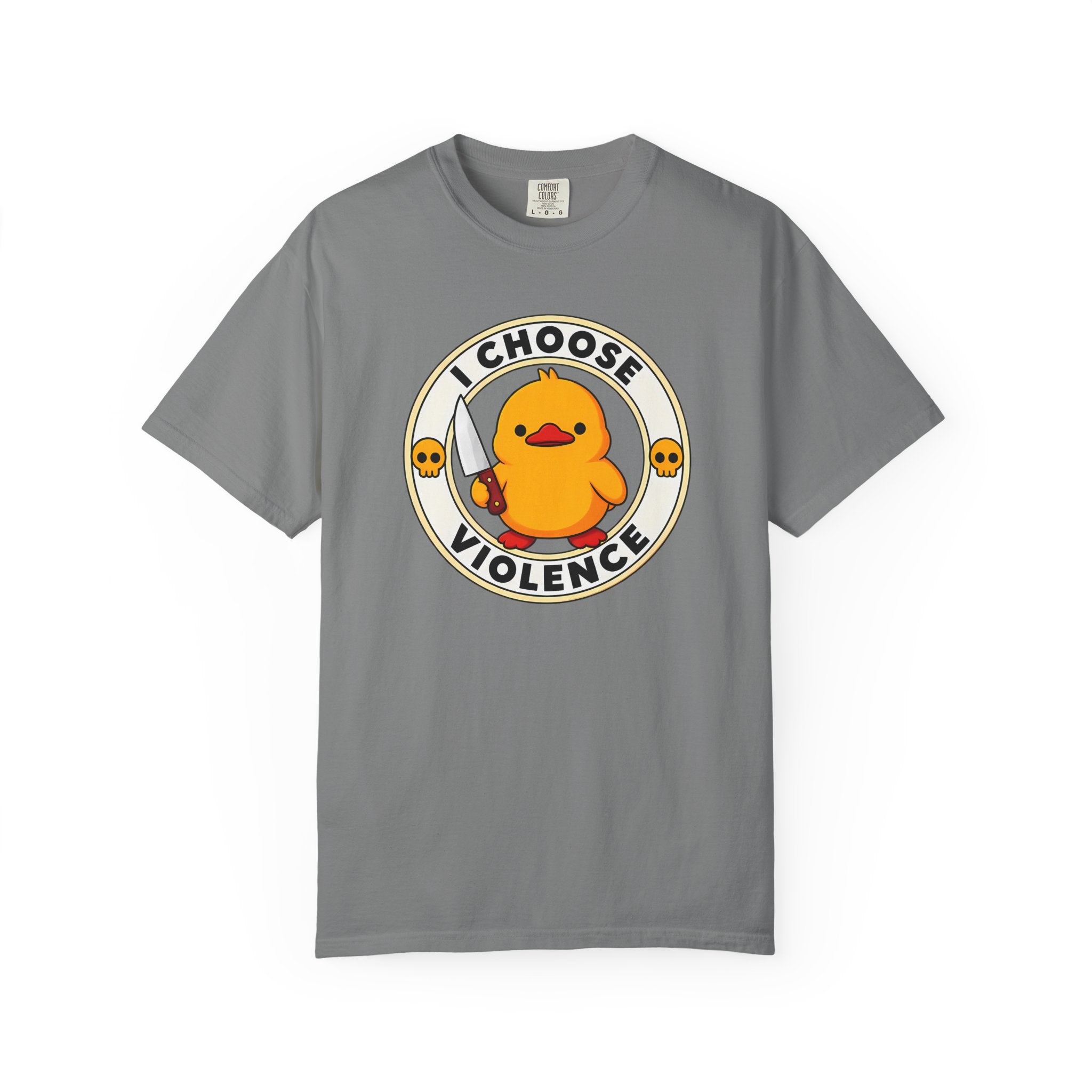 I Choose Violence Duck Tee in Grey — front flat lay with graphic print