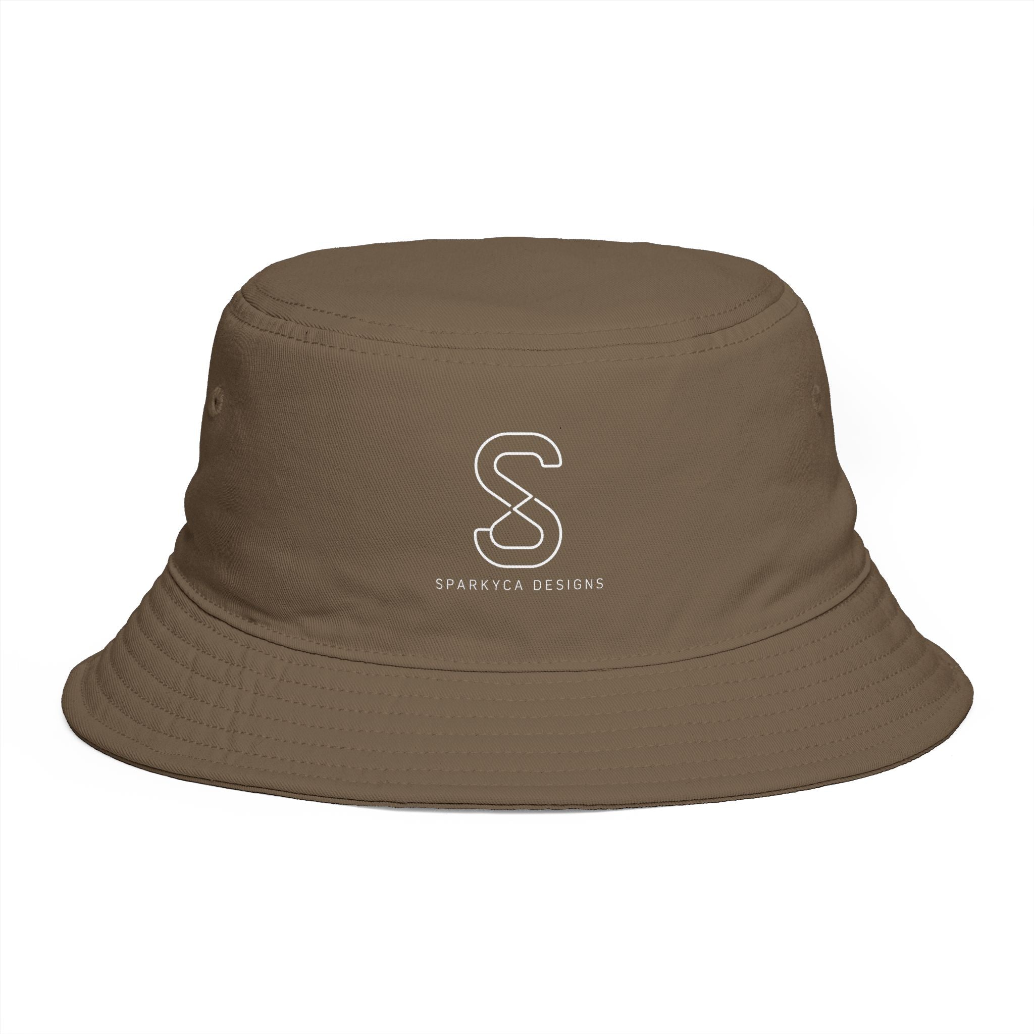 SparkyCA Bucket Hat in Army green — front view flat lay with embroidered S logo