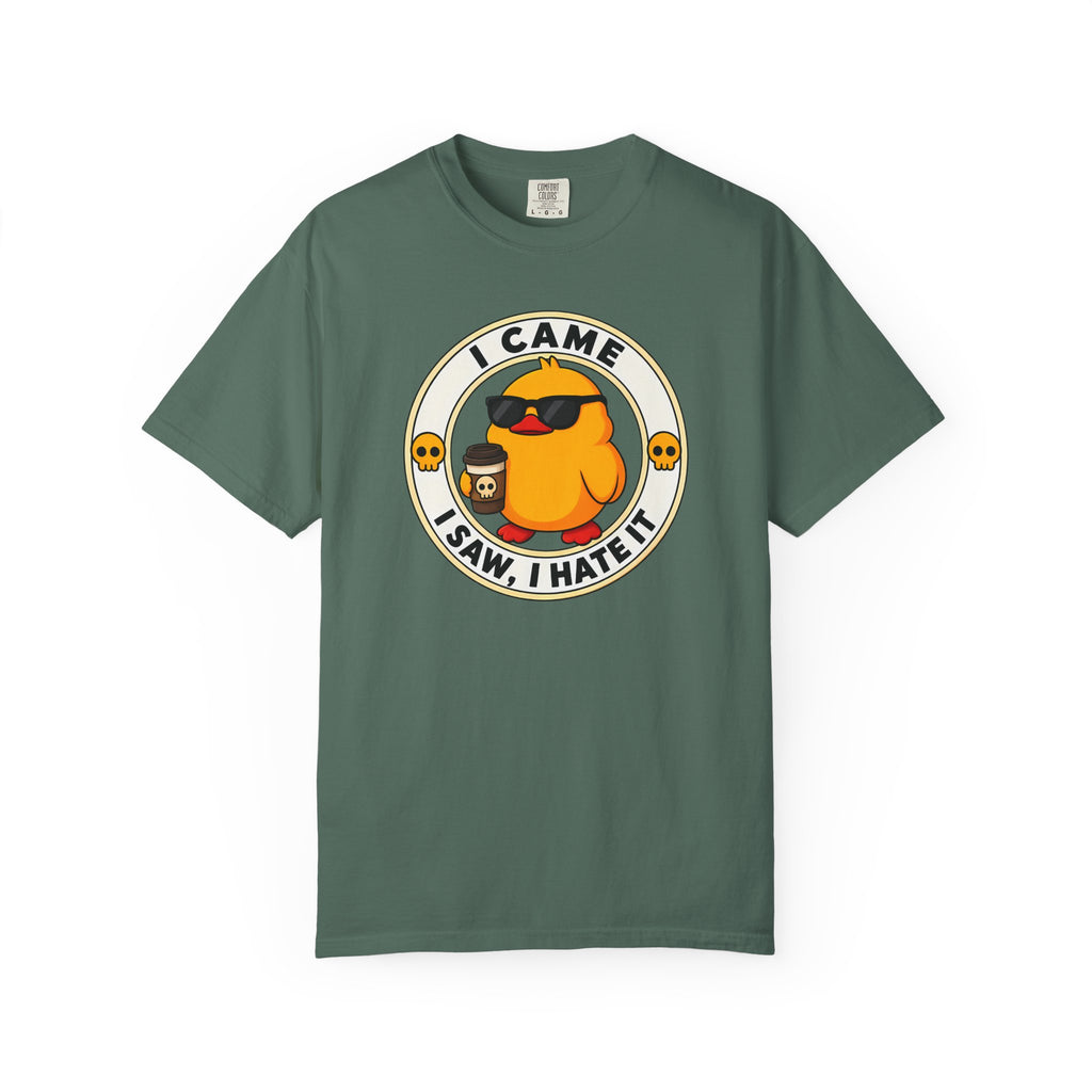 I Came, I Saw, I Hate It Duck Tee in Blue Spruce — front flat lay with graphic print