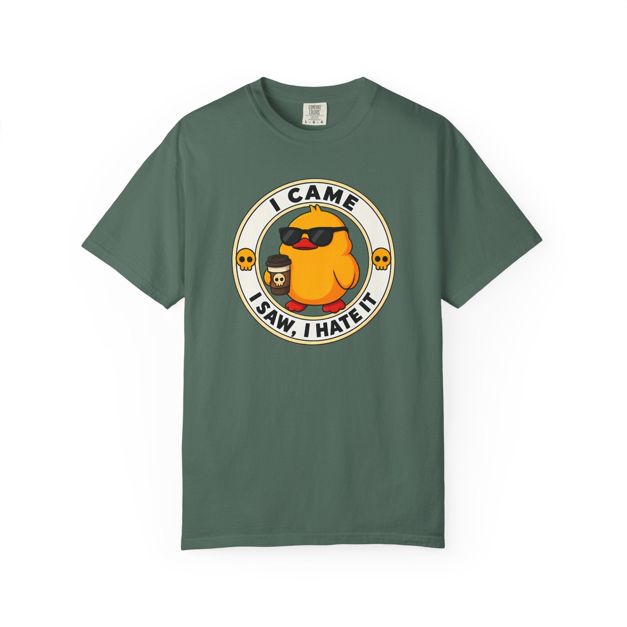 I Came, I Saw, I Hate It Duck Tee in Blue Spruce — front flat lay with graphic print