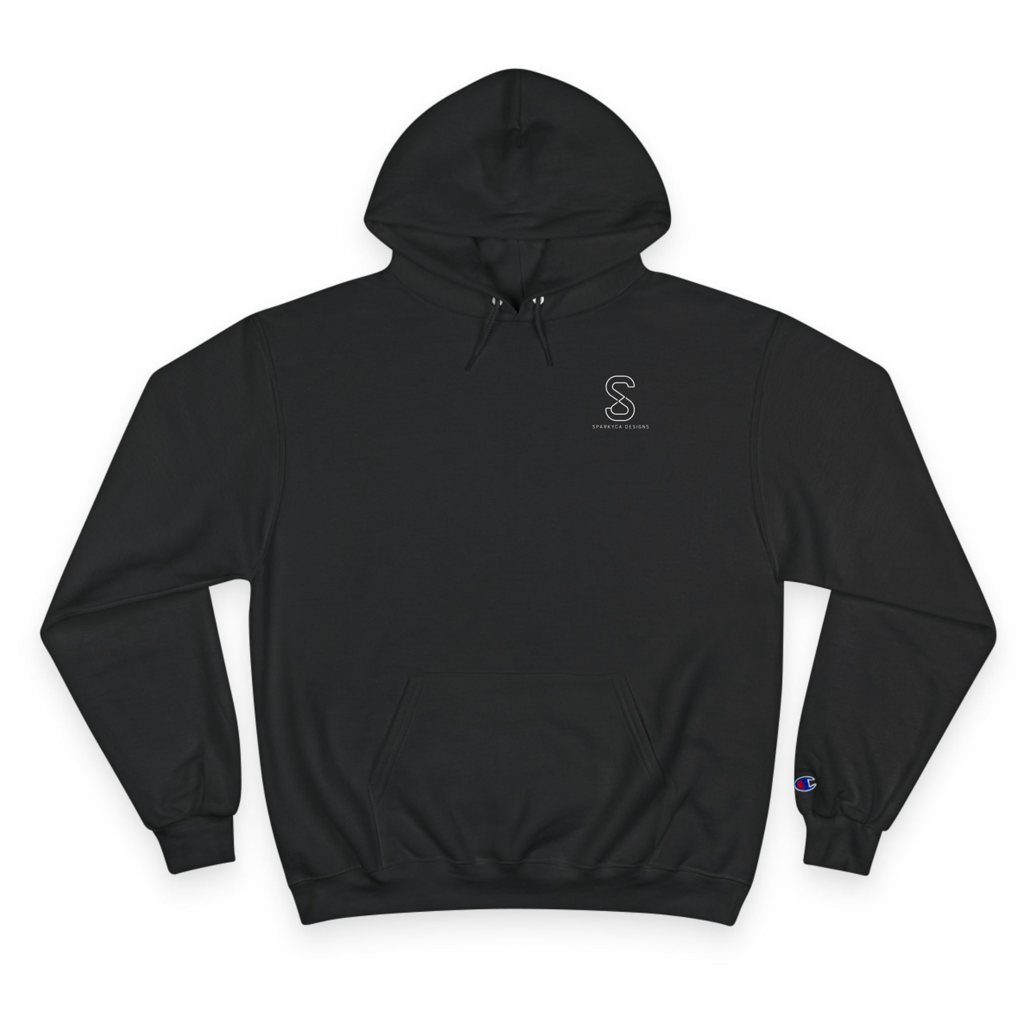SparkyCA Champion hoodie in black, flat lay front view