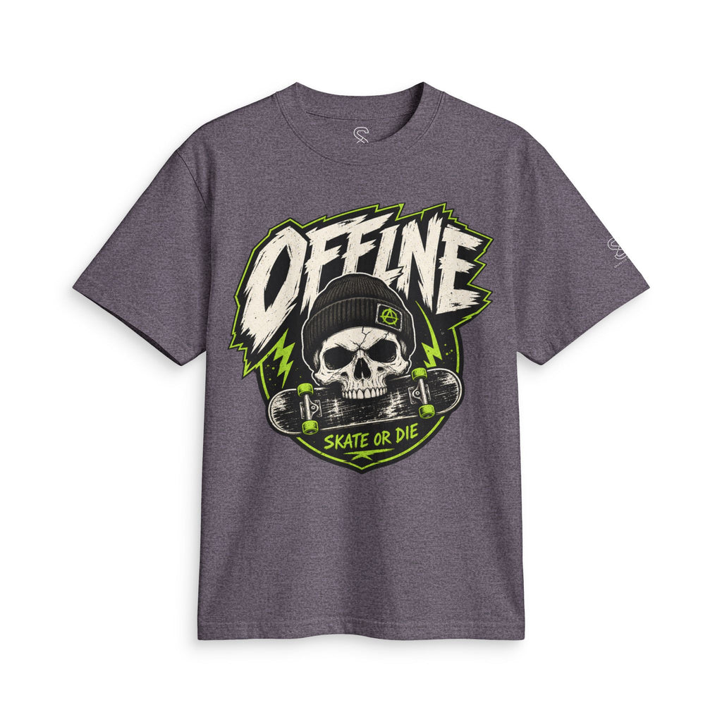 Heather purple Offline Skate or Die graphic tee laid flat, showing the front skull-and-skateboard print.