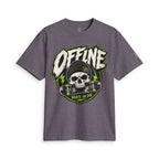 Heather purple Offline Skate or Die graphic tee laid flat, showing the front skull-and-skateboard print.