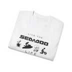 Live the Sea-Doo Life Tee in White — folded, full Sea-Doo graphic print visible