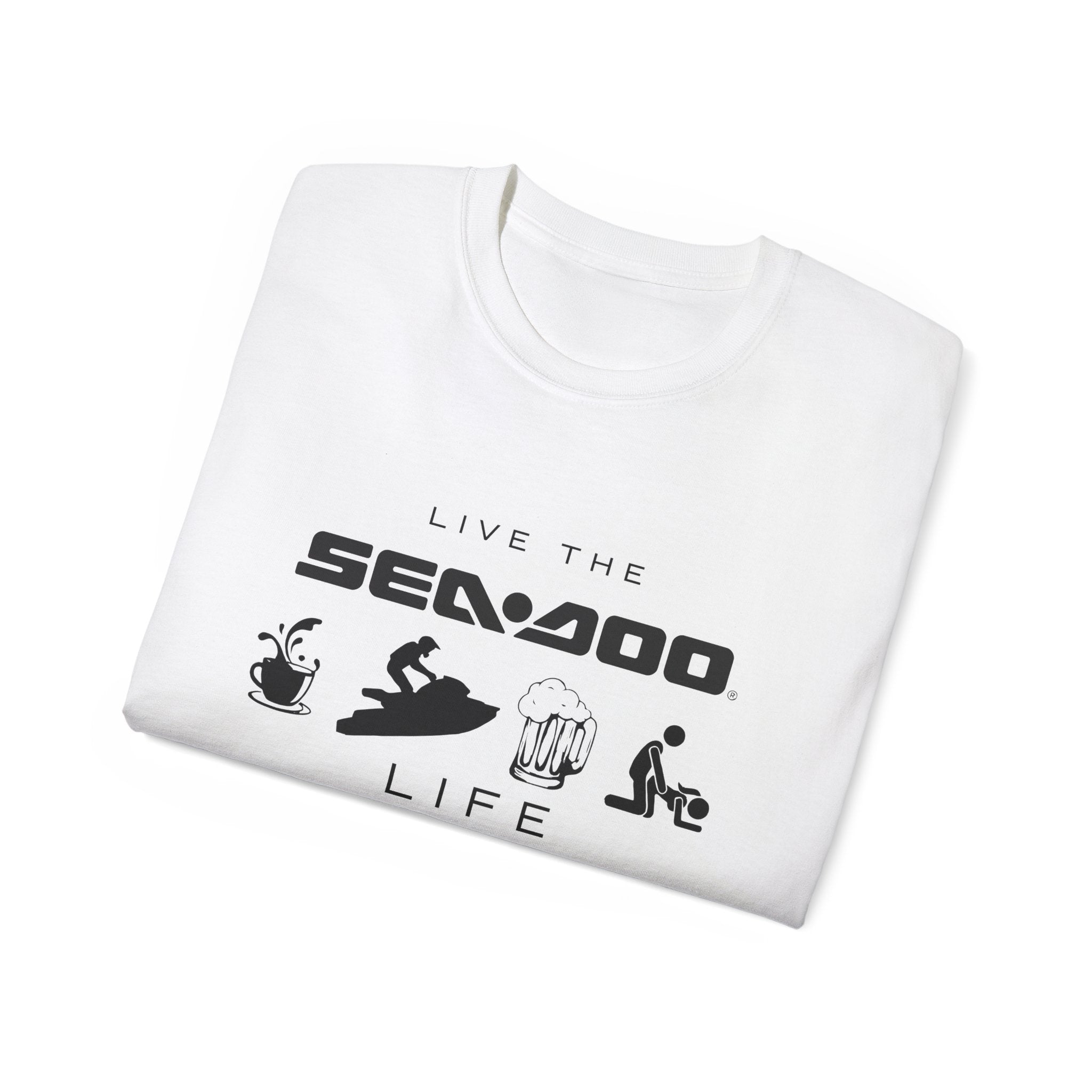 Live the Sea-Doo Life Tee in White — folded, full Sea-Doo graphic print visible