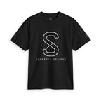 Black SparkyCA logo tee, folded flat lay, white outline S logo and wordmark