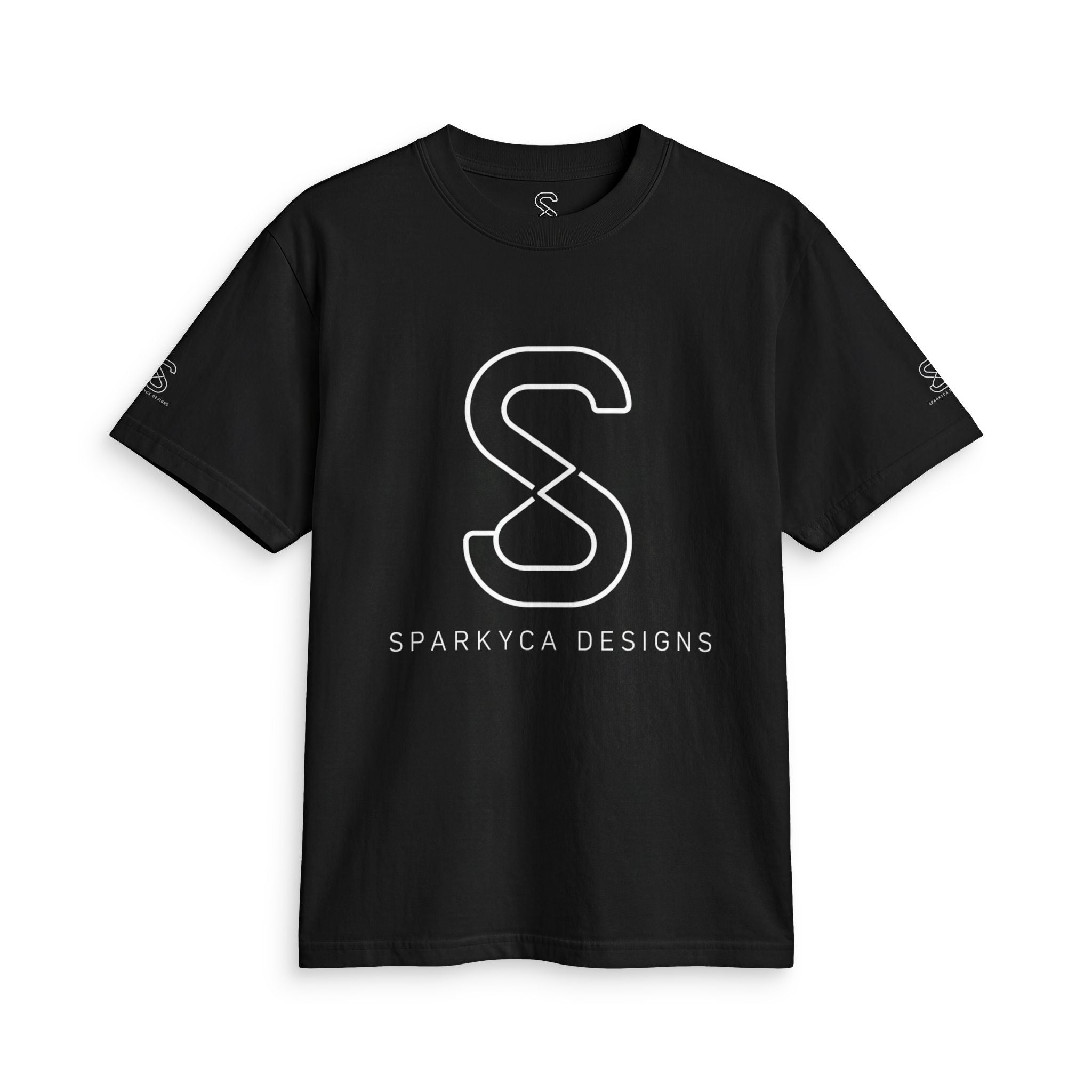 Black SparkyCA logo tee, folded flat lay, white outline S logo and wordmark