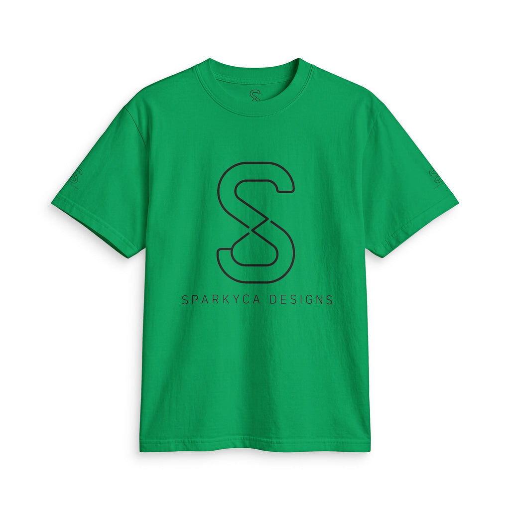 Kelly green SparkyCA logo tee, front flat lay with black outline S logo and wordmark
