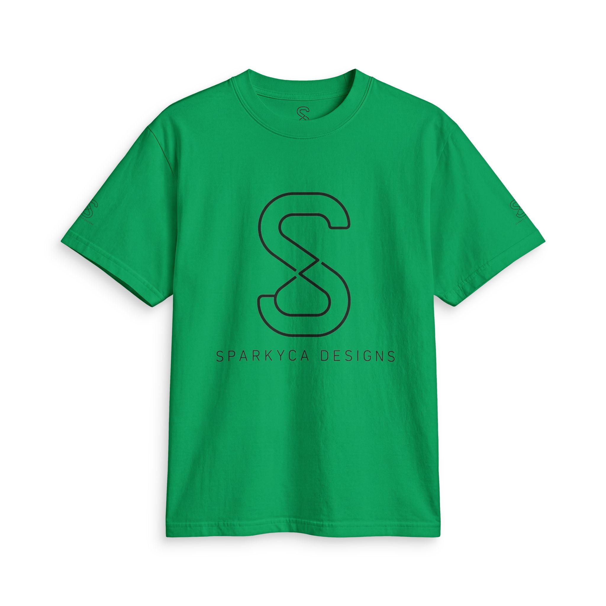 Kelly green SparkyCA logo tee, front flat lay with black outline S logo and wordmark